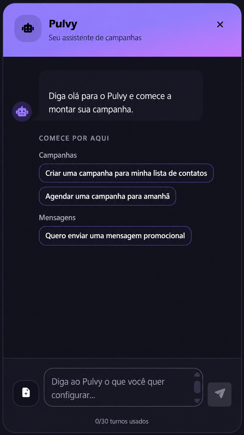 Chat do Pulvy, assistente de campanhas com IA, sugerindo criar e agendar campanhas de WhatsApp